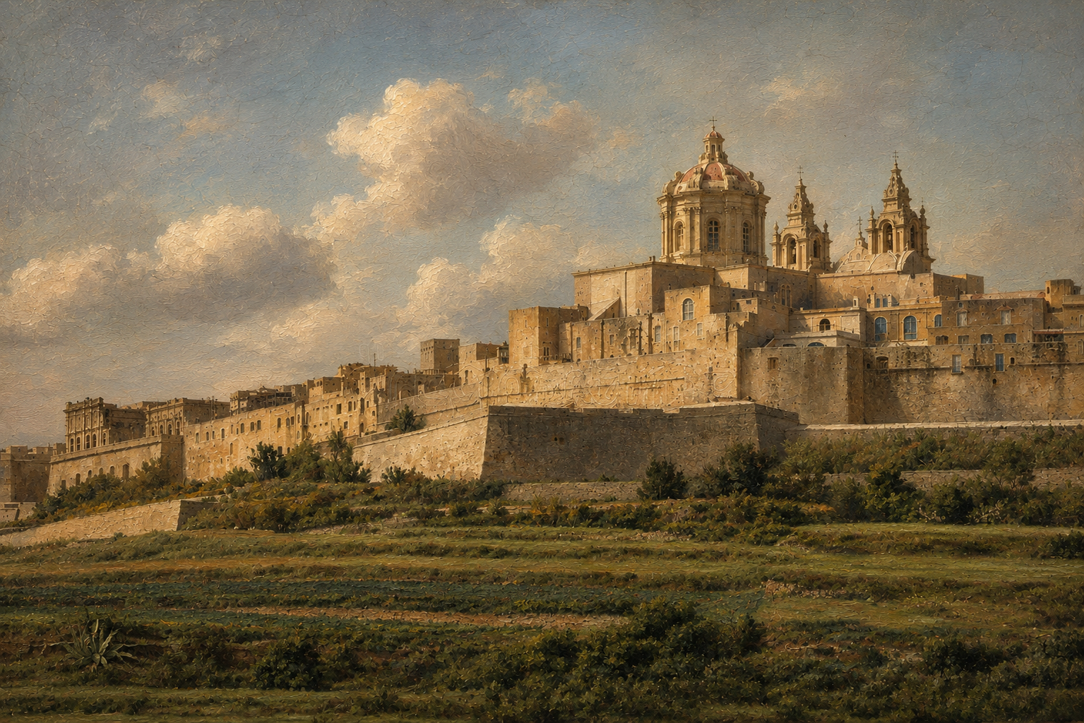 Oil painting of Mdina — the Silent City of Malta, with the Cathedral dome rising above the fortified walls