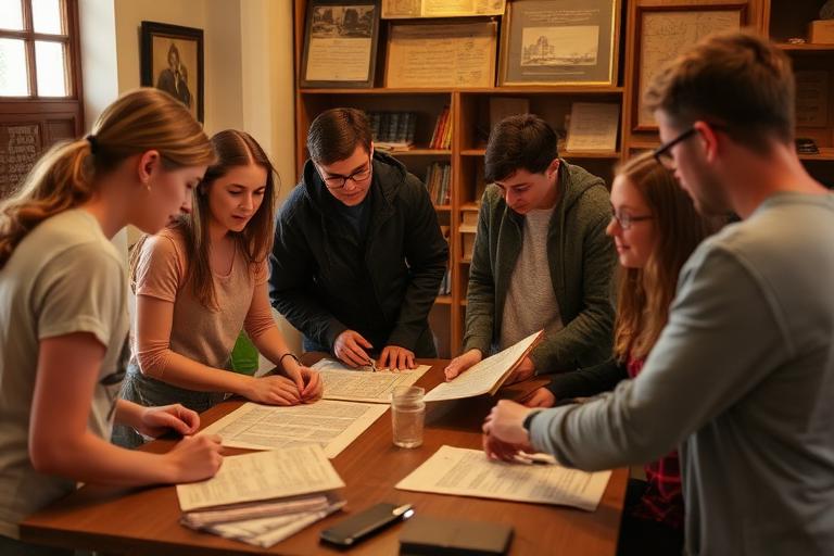 Students examining documents